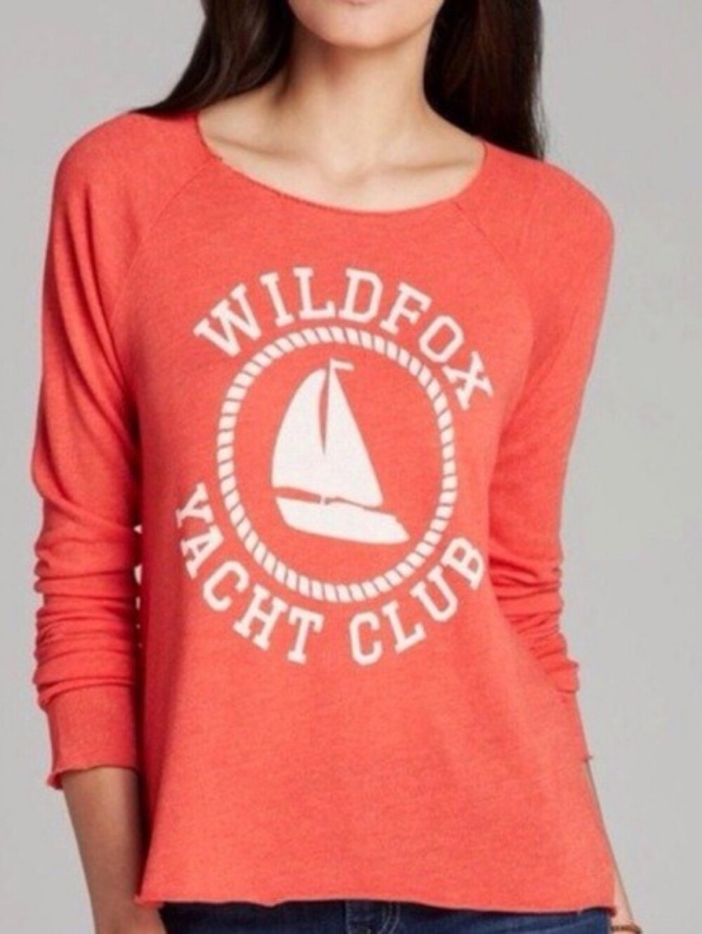 Wildfox Yacht Club Orange Distressed‎ Graphic Long Sleeve Tee Size Medium